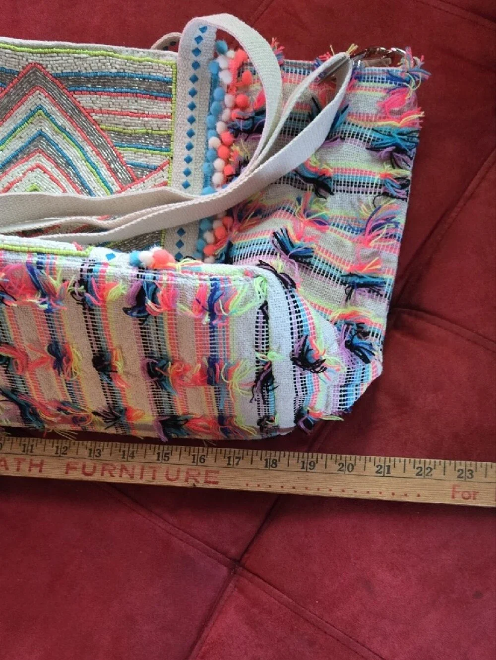 Multicolor Beaded Chevron Tote with Pom-Pom Trim